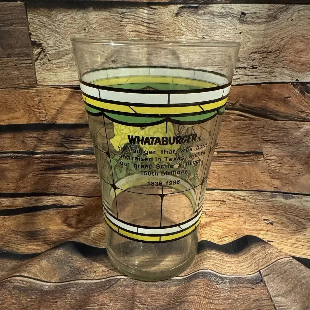 Vintage 1986 Whataburger Texas Sesquicentennial Yellow Rose Stained Glass Tumble